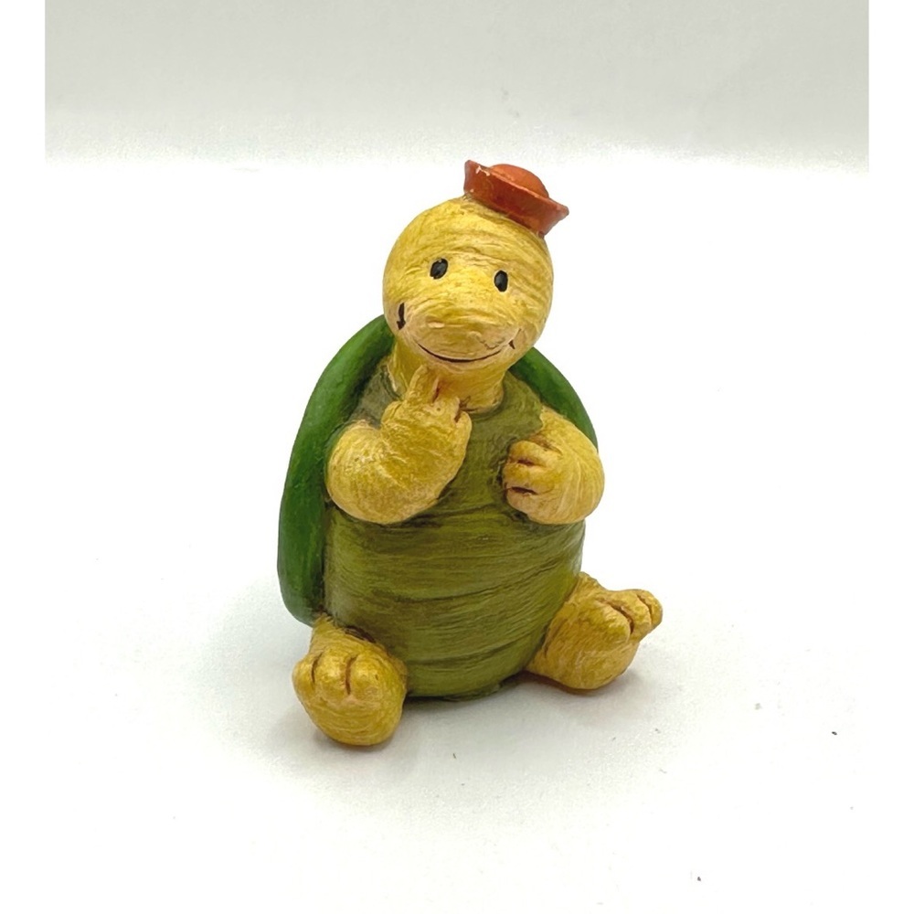 VTG yellow turtle figurine wearing a red hat, Whimsical *small Chip On Hat 1.75”